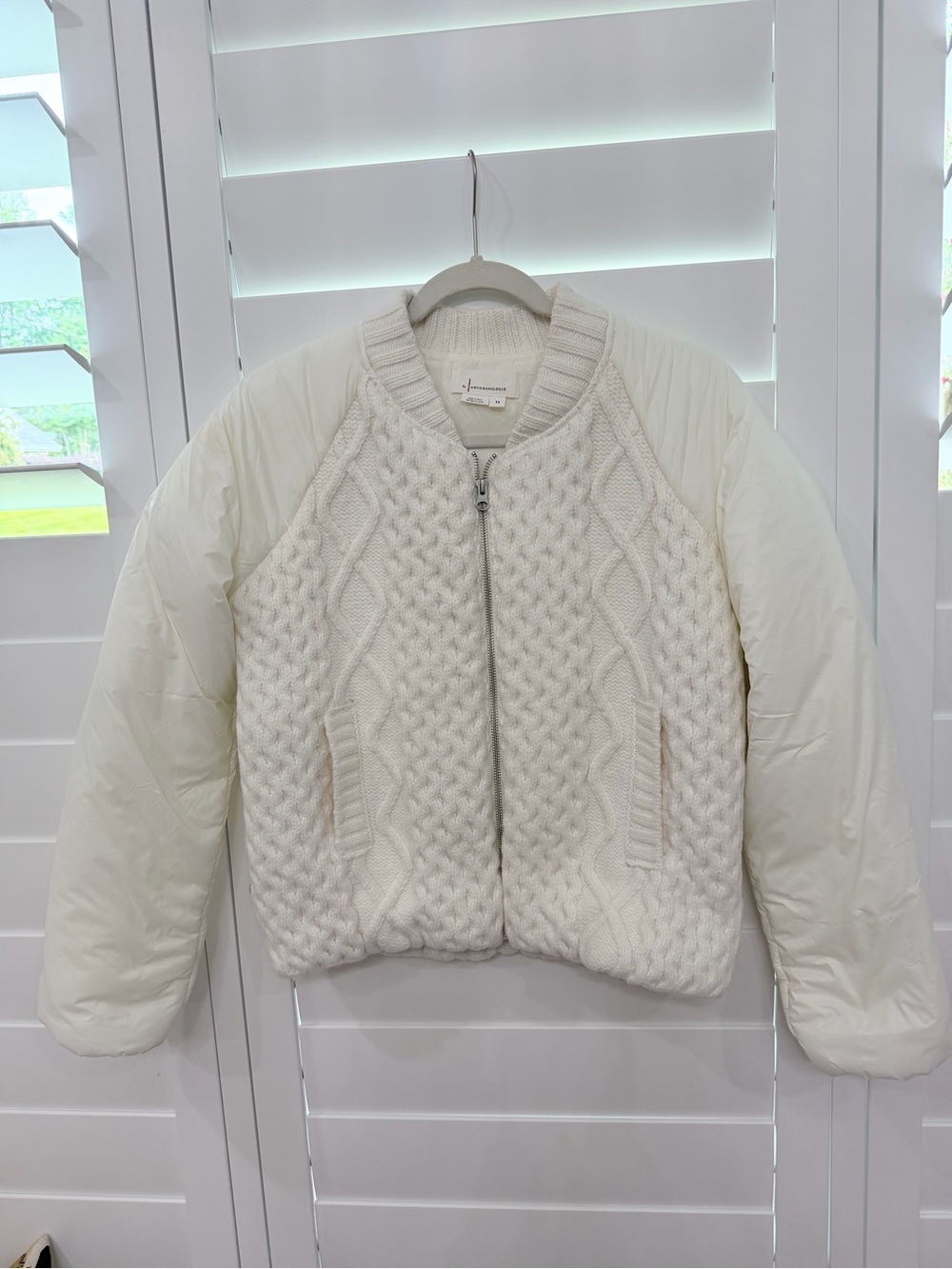 Anthropologie Cream Cable Knit Bomber Jacket